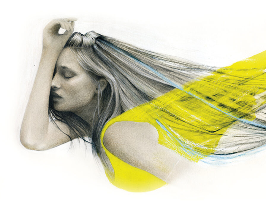 Retrato chica pelo garabatos amarillo