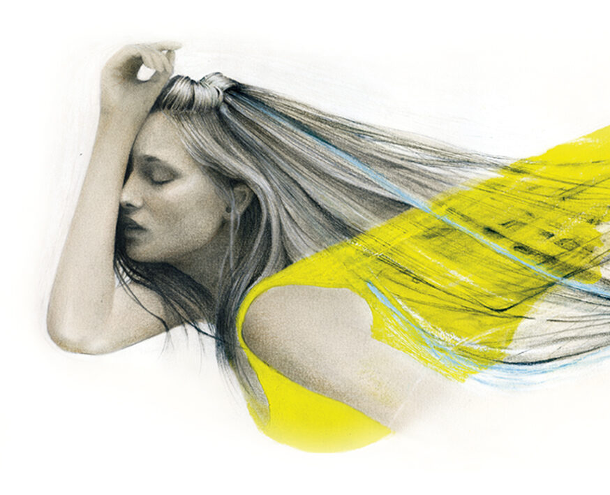 Retrato chica pelo garabatos amarillo